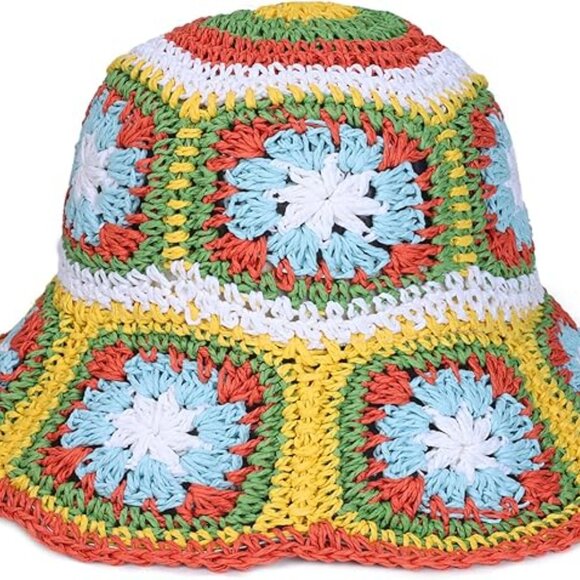 Multi Bright Printed Floral Straw Crochet Hat New main image 5
